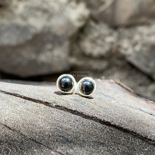 Black Obsidian stud earrings - Handmade with natural round 7mm gemstones in brass with fine polish, this women's jewellery is a perfect spiritual gift