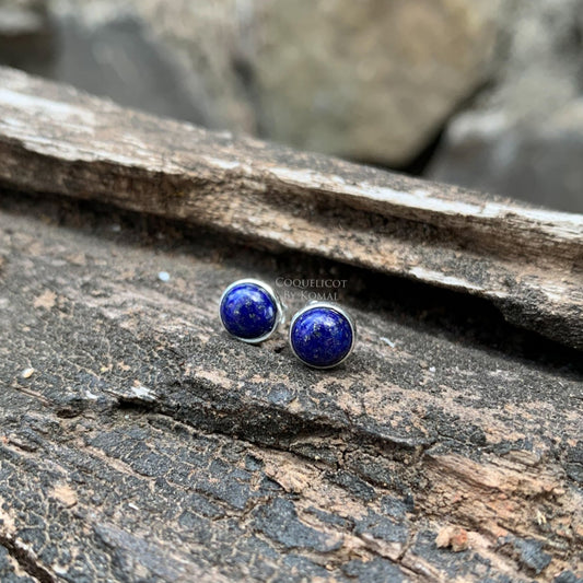 Blue Lapis Lazuli stud earrings - Handmade with natural round 7mm gemstones in brass with fine polish, this women's jewellery is a perfect spiritual gift