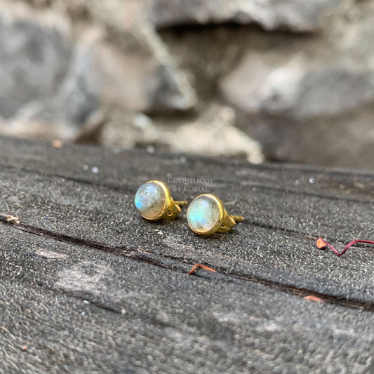 Labradorite stud earrings - Handmade with natural round 7mm gemstones in brass with 18K Gold polish, this women's jewellery is a perfect spiritual gift