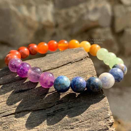 Free sized rainbow Sevel chakra healing crystal beads bracelet - Handmade with natural 8mm gemstones, this unisex jewellery is a perfect spiritual gift