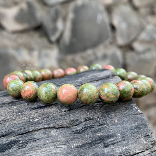 Free sized green pink Unakite crystal beads bracelet - Handmade with natural 8mm gemstones, this unisex jewellery is a perfect spiritual gift