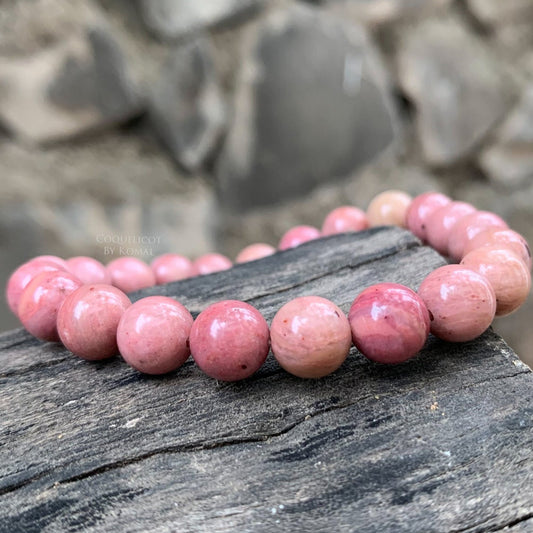Free sized pink Rhodochrosite crystal beads bracelet - Handmade with natural 8mm gemstones, this unisex jewellery is a perfect spiritual gift
