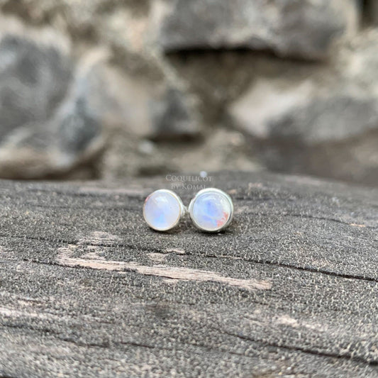 Rainbow Moonstone stud earrings - Handmade with natural round 7mm gemstones in brass with fine polish, this women's jewellery is a perfect spiritual gift
